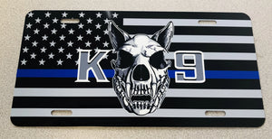K9 With Dog Skull and American Flag Blue Line License Plate