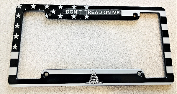 Don't Tread On Me USA Flag Metal License Plate Frame - Heavy Duty Black/Silver Car Accessory