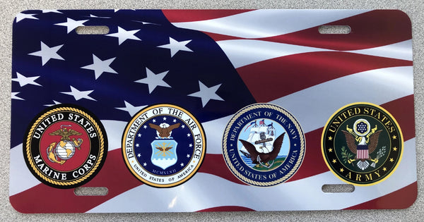 American Flag with Army, Navy, AirForce, Marines License Plate American Flag with Army, Navy, AirForce, Marines License Plate