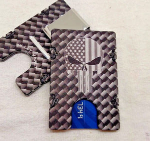Carbon Fiber Pattern with Punisher American Flag - Billetvault Aluminum Wallet