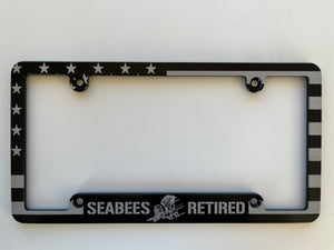 Navy Seabees Retired American Flag Aluminum License Plate Frame