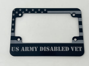 US Army Disabled Veteran American Flag Aluminum Motorcycle License Plate Frame