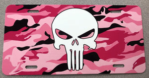 Punisher Skull Pink, Black, And White Camo License Plate