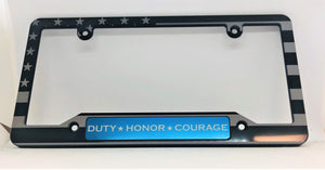 American Flag with Blue Line and Duty Honor Courage Insert License Plate Frame